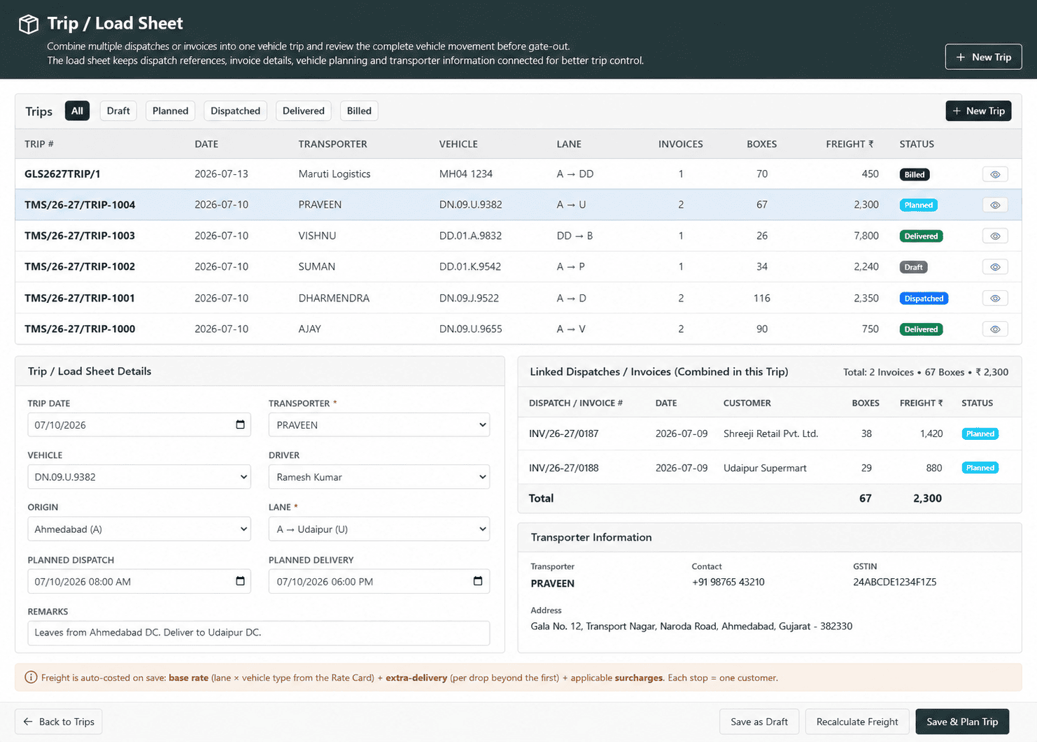 Trip and load sheet transport ERP